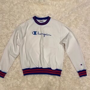 Champion White Sweatshirt with Blue and Red Accents